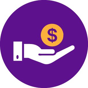 An illustration of a hand holding a gold coin with a dollar sign on it, set against a purple circular background.