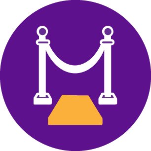 Icon of a red carpet with stanchions and velvet ropes on a purple circular background.